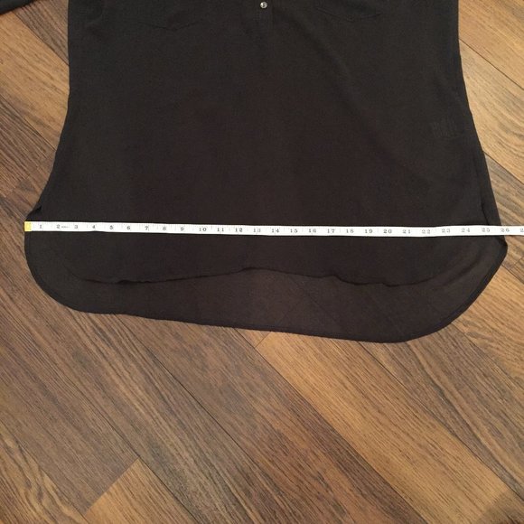 Women's Le Chateau Button Tab Sleeve Sheer dark gray Tunic Blouse Shirt - Picture 9 of 12